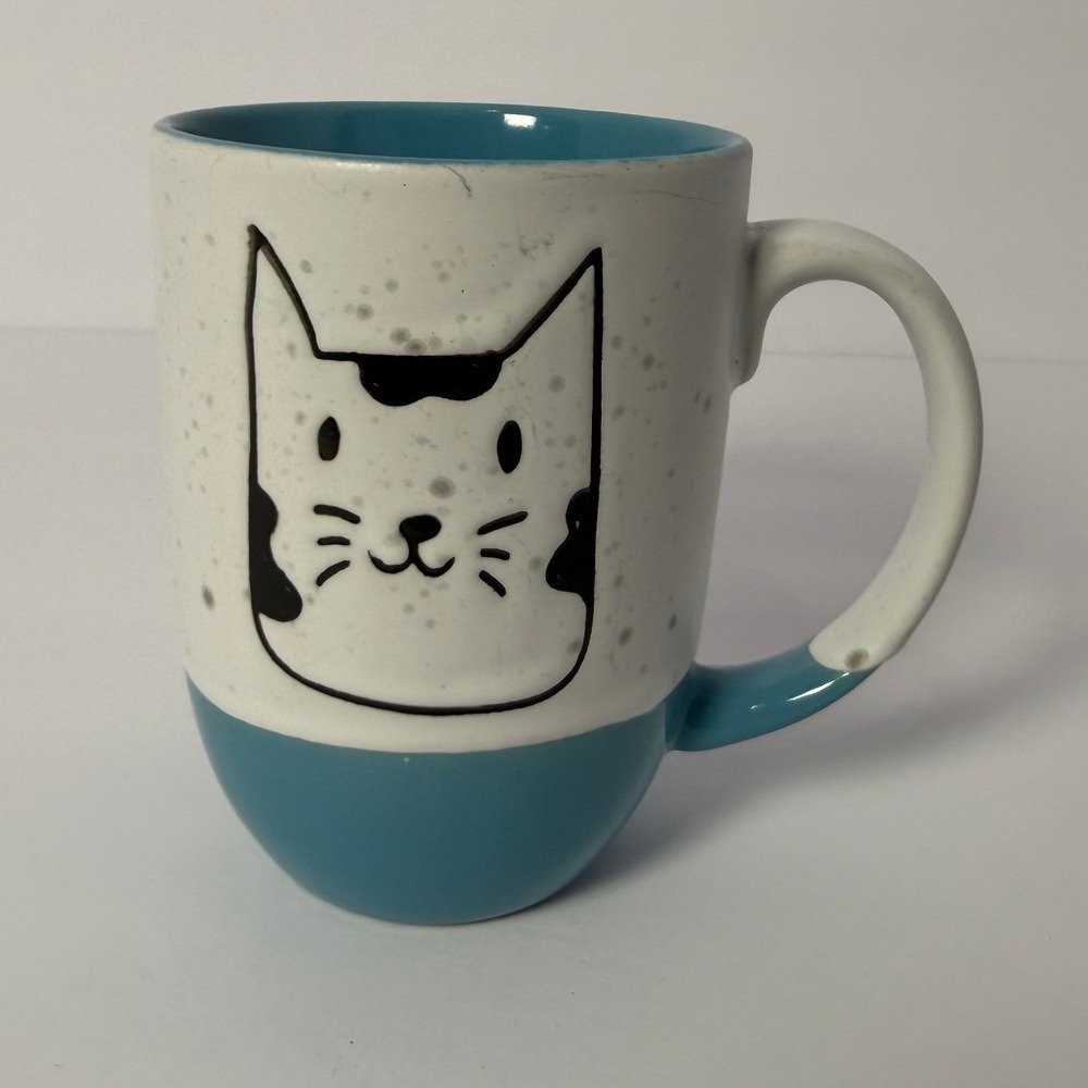 Boston Warehouse Cat Face Speckled Coffee Mug Teal Blue White Ceramic 4.5in